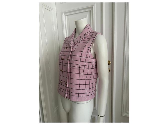 Veste sans manches en tweed à carreaux rose Chanel - vue 2