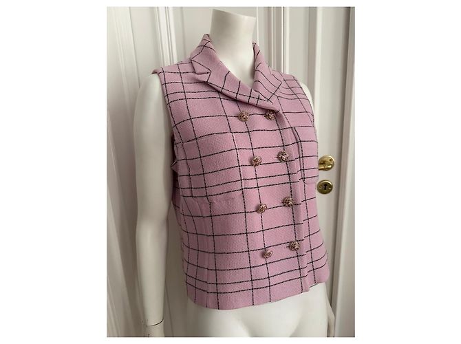 Veste sans manches en tweed à carreaux rose Chanel - vue 3