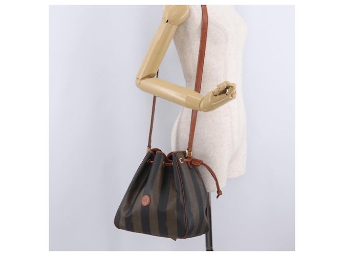 FENDI Pequin Canvas Shoulder Bag PVC Black Brown - view 28