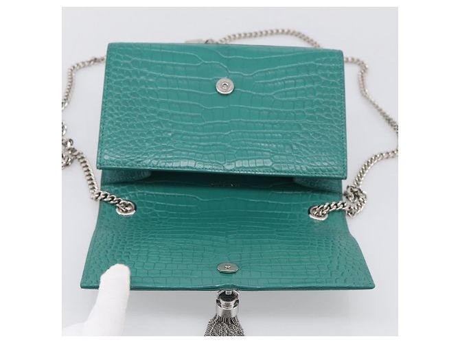 Autre Marque Saint Laurent Sac à chaîne Kate Cuir effet croco Vert Argent - vue 10