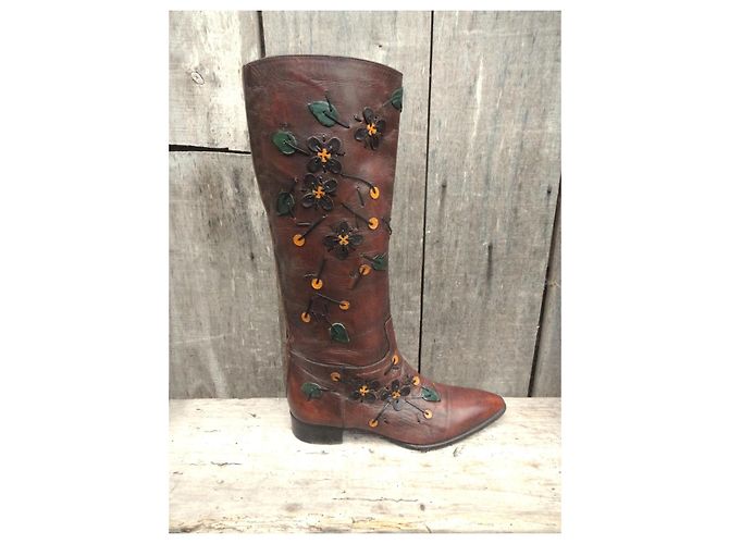 Prada Brown Leather Floral Appliqué Boots - view 2