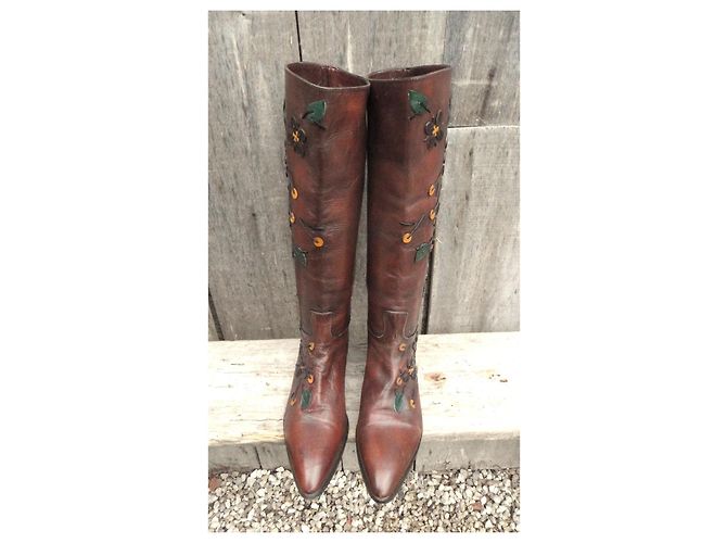 Prada Brown Leather Floral Appliqué Boots - view 3