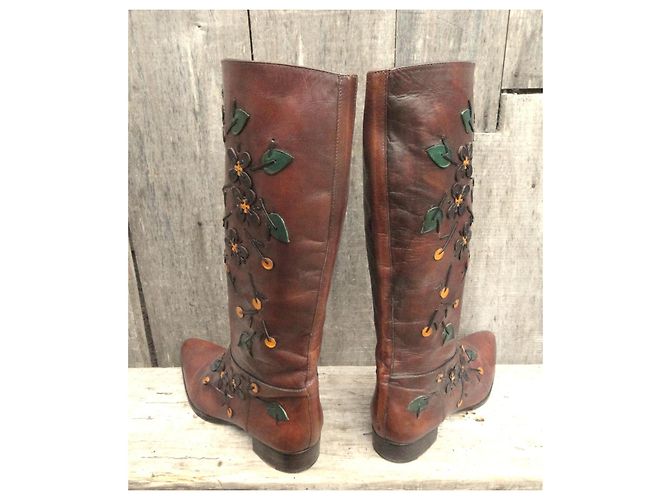 Prada Brown Leather Floral Appliqué Boots - view 4