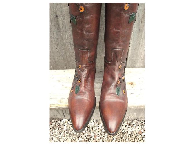 Prada Brown Leather Floral Appliqué Boots - view 6