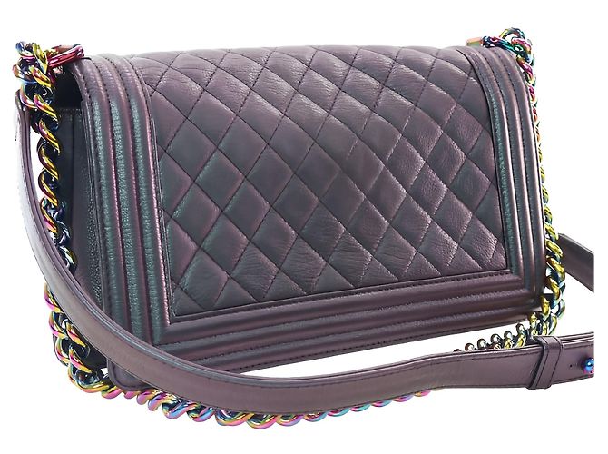 Chanel Purple Old Medium Quilted Iridescent Goatskin Rainbow Hardware Boy Flap - vista 11