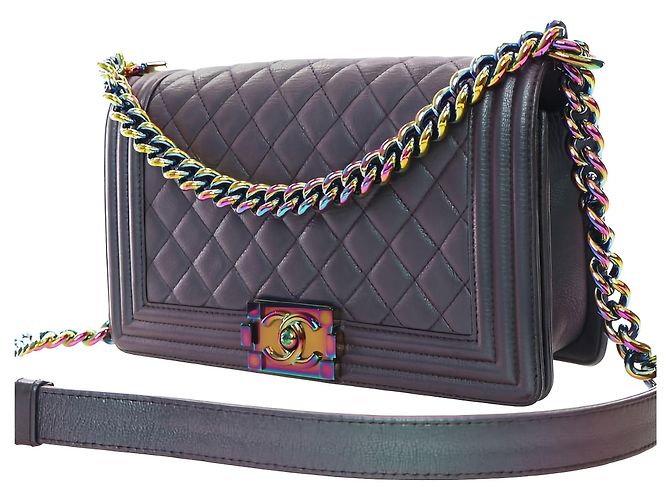 Chanel Purple Old Medium Quilted Iridescent Goatskin Rainbow Hardware Boy Flap - vista 12