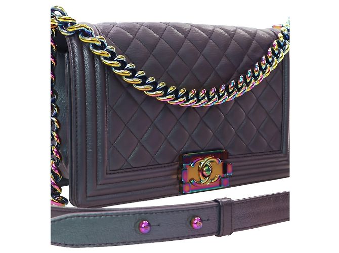 Chanel Purple Old Medium Quilted Iridescent Goatskin Rainbow Hardware Boy Flap - vista 13
