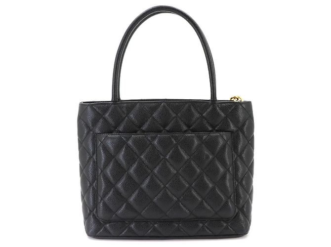 Borsa Tote Chanel Medallion in pelle di vitello granulata nera - vista 3