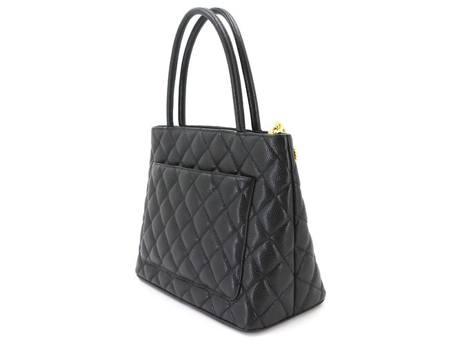 Borsa Tote Chanel Medallion in pelle di vitello granulata nera - vista 4