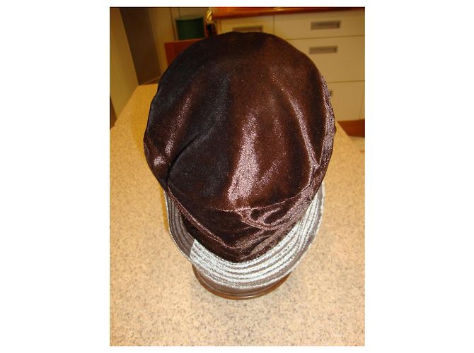 Autre Marque Cappello in velluto e raso marrone e grigio argento - vista 4