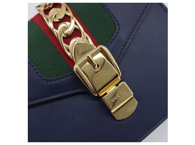 GUCCI Silvi Web Sherry Line Bolsa de Mão Couro 2way Navy Gold 470270 Auth 208399V - Jerrillo - vista 16
