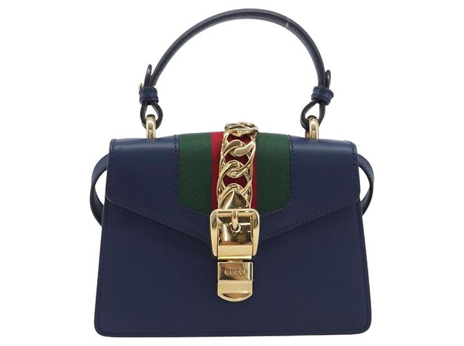 GUCCI Silvi Web Sherry Line Bolsa de Mão Couro 2way Navy Gold 470270 Auth 208399V - Jerrillo - vista 2