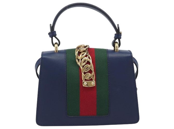 GUCCI Silvi Web Sherry Line Bolsa de Mão Couro 2way Navy Gold 470270 Auth 208399V - Jerrillo - vista 3