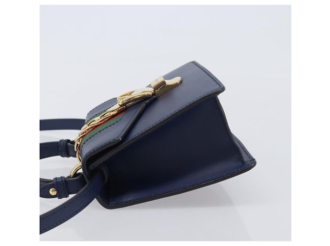 GUCCI Silvi Web Sherry Line Bolsa de Mão Couro 2way Navy Gold 470270 Auth 208399V - Jerrillo - vista 5