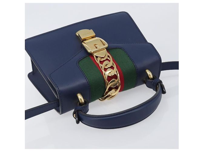 GUCCI Silvi Web Sherry Line Bolsa de Mão Couro 2way Navy Gold 470270 Auth 208399V - Jerrillo - vista 6