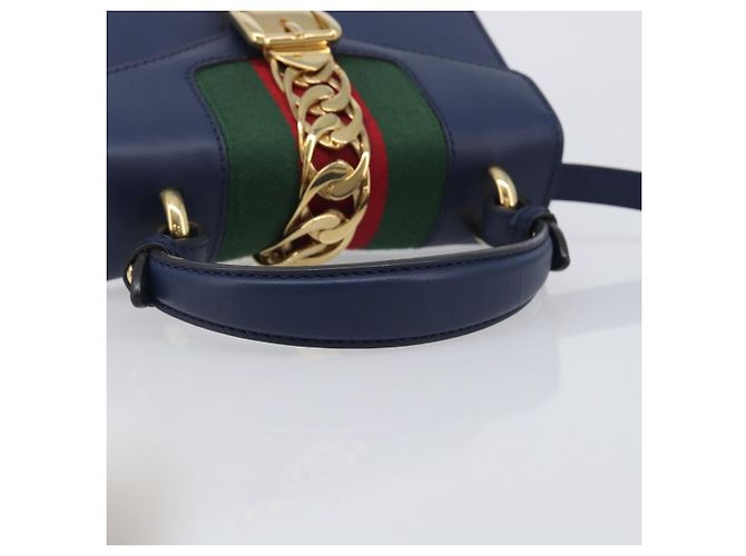 GUCCI Silvi Web Sherry Line Bolsa de Mão Couro 2way Navy Gold 470270 Auth 208399V - Jerrillo - vista 7