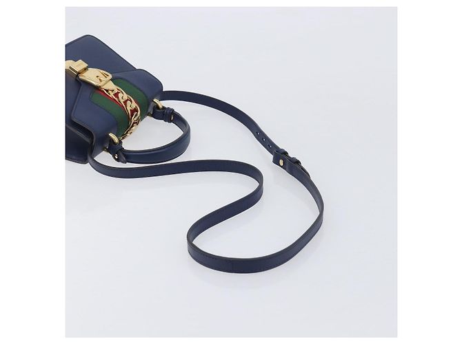 GUCCI Silvi Web Sherry Line Bolsa de Mão Couro 2way Navy Gold 470270 Auth 208399V - Jerrillo - vista 9