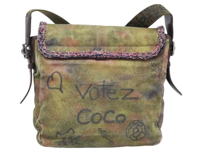CHANEL Embroidery Graffiti Messenger bag Canvas Khaki Silver CC Auth 121518SM - Jerrillo - vista 3
