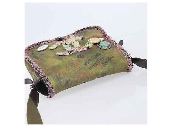 CHANEL Embroidery Graffiti Messenger bag Canvas Khaki Silver CC Auth 121518SM - Jerrillo - vista 6