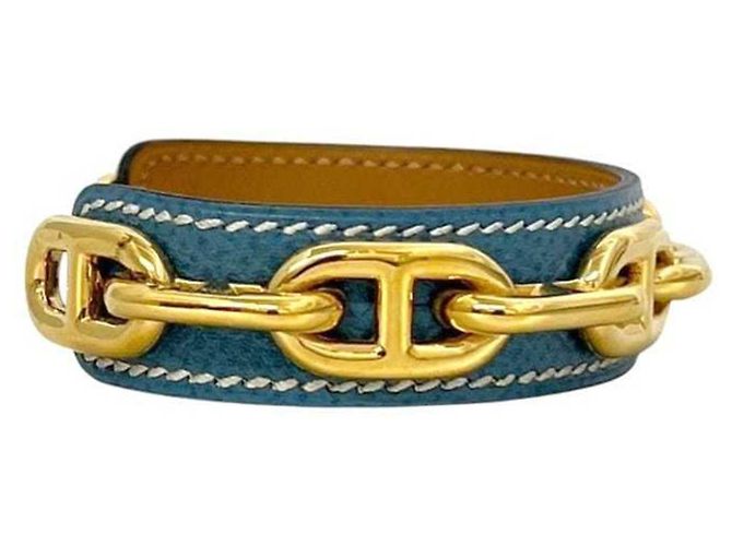 Hermès Bracciale Rigido in Pelle Blu e Oro e Metallo Hermes - vista 2