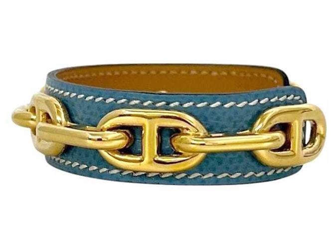 Hermès Bracciale Rigido in Pelle Blu e Oro e Metallo Hermes - vista 4