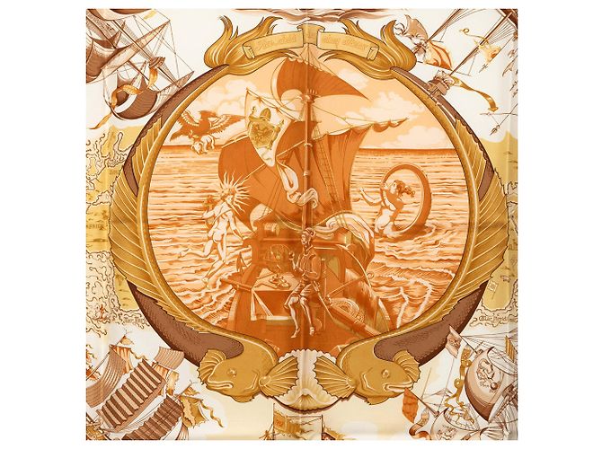 Pañuelo de seda Hermès Au dela Des Cinq Mers Beige 90 - vista 8
