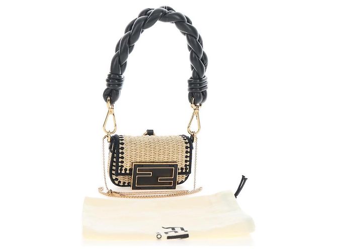 FENDI Nano Bucket Charm Hand Pouch Charm Raffia 2way Beige Gold Auth 207075M - Jerrillo - vista 12