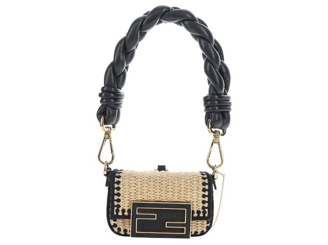 FENDI Nano Bucket Charm Hand Pouch Charm Raffia 2way Beige Gold Auth 207075M - Jerrillo - vista 13