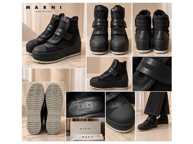 Sneakers platform Marni in pelle e camoscio nero - vista 3