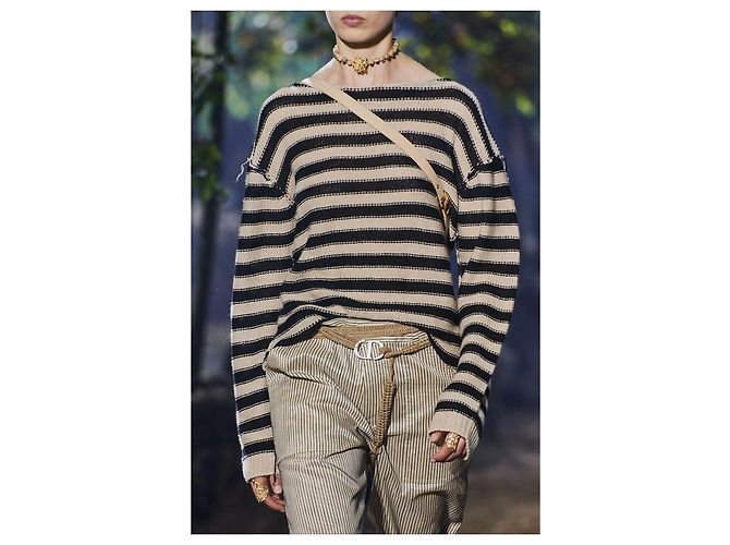 Christian Dior Gestreifter Kaschmir-Leinen Pullover - Beige/Schwarz - Ansicht 2