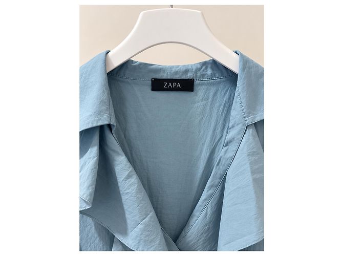 Zapa Camicia in seta e cotone blu con volant - vista 2