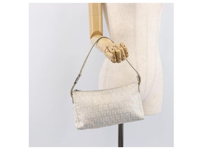 FENDI Zucchino Canvas Mamma Baguette Shoulder Bag Silver 8BR444 - vista 24