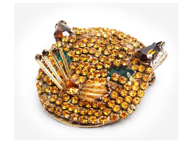 Gucci Broche tête de chat en cristal doré - vue 2