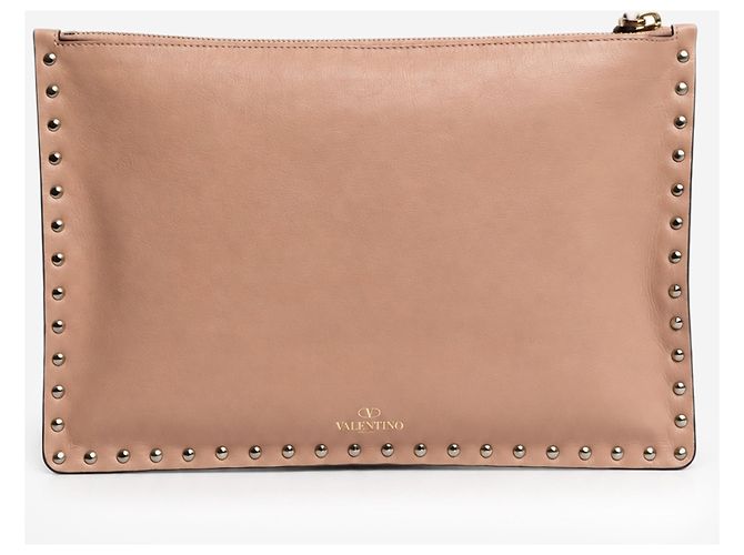 Valentino Clutch pouch grande Rockstud in pelle beige - vista 2
