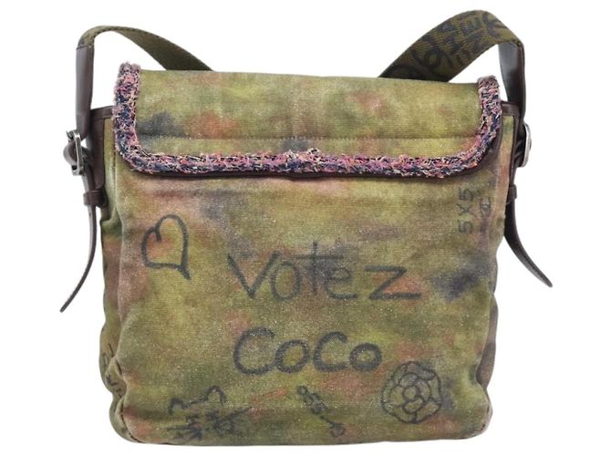 CHANEL Embroidery Graffiti Messenger bag Canvas Khaki Silver CC - vista 3