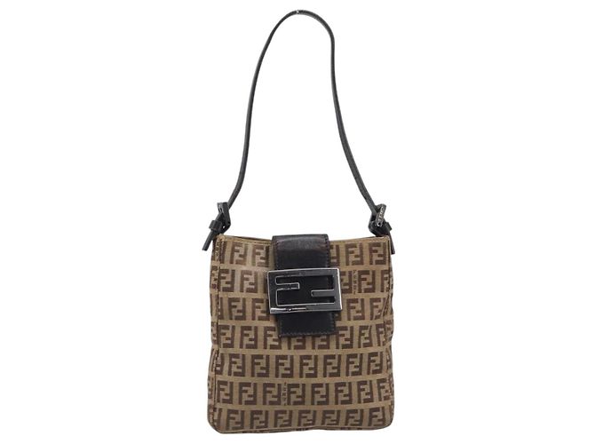 FENDI Zucchino Canvas Mamma Baguette Hand Bag Brown Silver - vista 13
