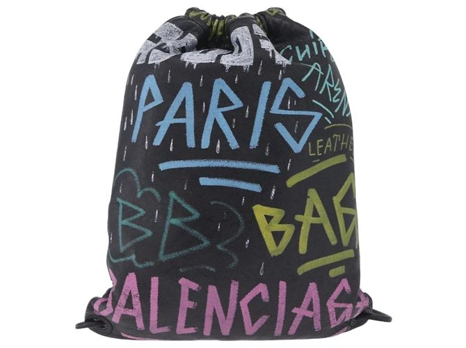 Balenciaga Graffiti Bazaar Drawstring Bag Leather Black 581779 - vista 13
