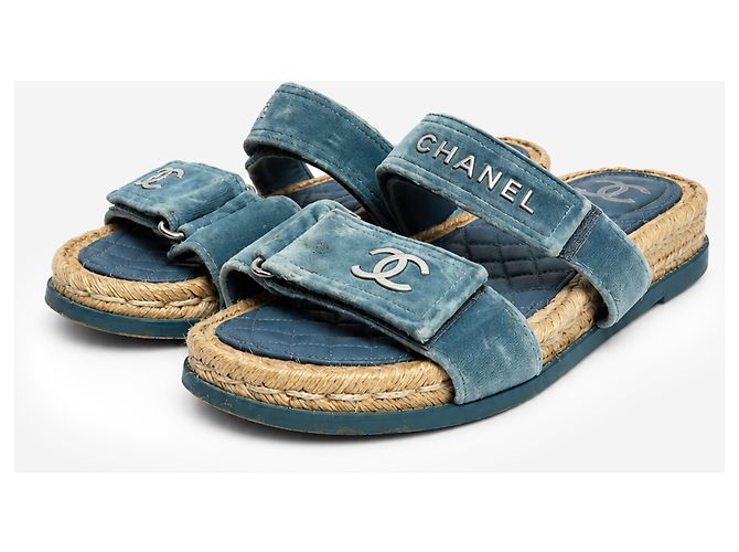 Chanel Sandali slide espadrillas CC in velluto blu - taglia EU 40 - vista 2