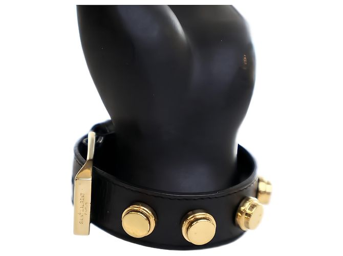 Autre Marque Bracelet De Force Saint Laurent en cuir de veau noir clouté - vue 4