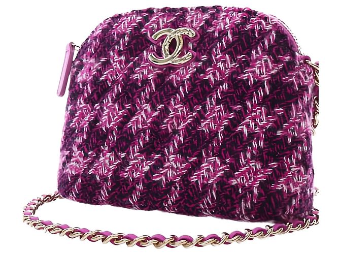 Clutch Chanel Mini CC in tweed matelassé viola con catena - vista 13