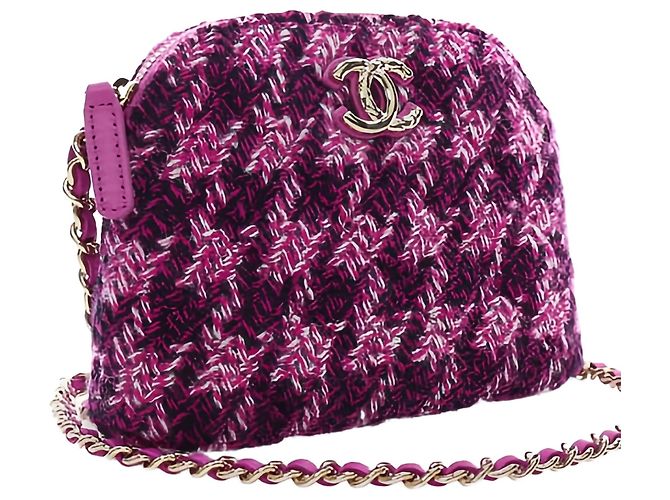 Clutch Chanel Mini CC in tweed matelassé viola con catena - vista 14
