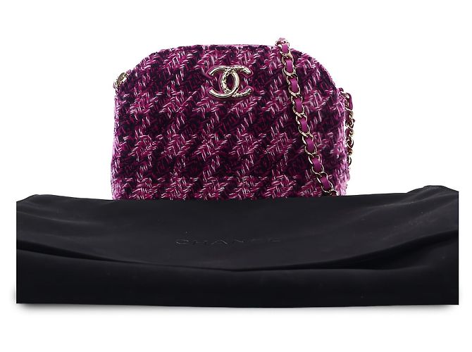 Clutch Chanel Mini CC in tweed matelassé viola con catena - vista 6