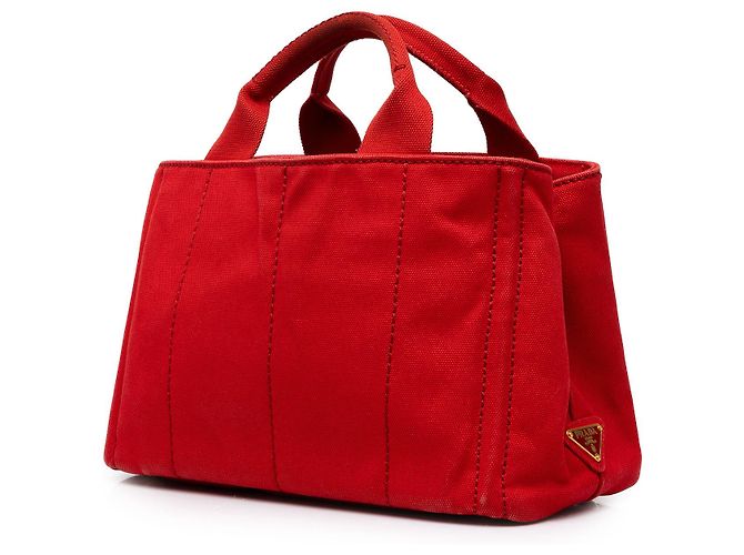 Prada Tote piccola in tela Canapa con logo rossa - vista 2