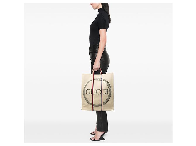 Sac cabas vertical Gucci en toile beige Ouroboros - vue 7