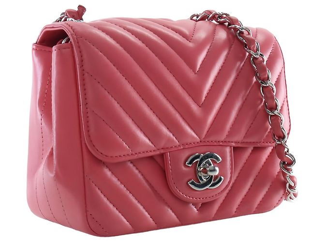 Chanel Pink Mini Square Classic Chevron Lambskin Single Flap - vista 11