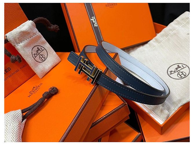 Hermès Cinturón reversible Gold Double Navy Sky Blue stamp: - vista 2