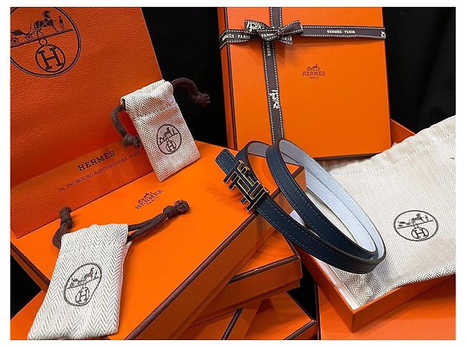 Hermès Cinturón reversible Gold Double Navy Sky Blue stamp: - vista 3