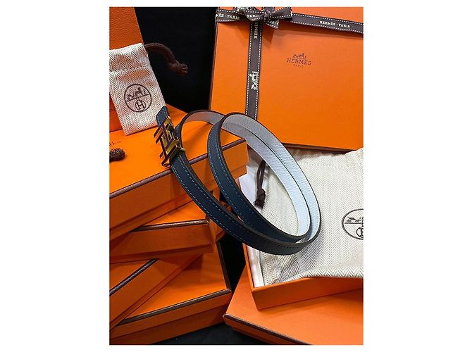 Hermès Cinturón reversible Gold Double Navy Sky Blue stamp: - vista 4
