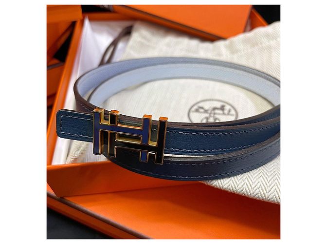 Hermès Cinturón reversible Gold Double Navy Sky Blue stamp: - vista 5