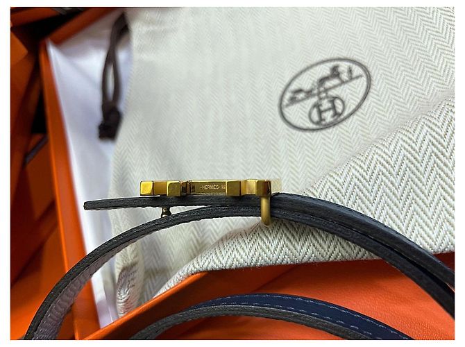 Hermès Cinturón reversible Gold Double Navy Sky Blue stamp: - vista 7